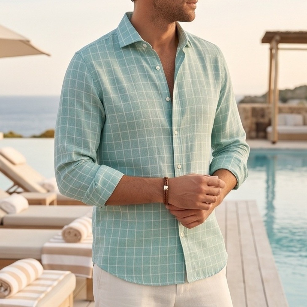 Tommy Bahama Mens Medium Linen Button Up Shirt Seafoam Green Plaid NWT $128